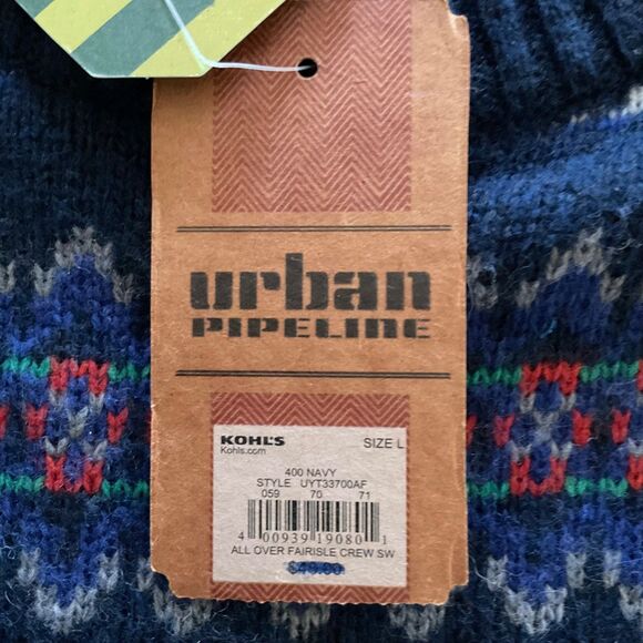 Urban Pipeline Fair Isle Wool Blend Sweater Mens L Crewneck Navy Y2K Retro Skate - Picture 7 of 10